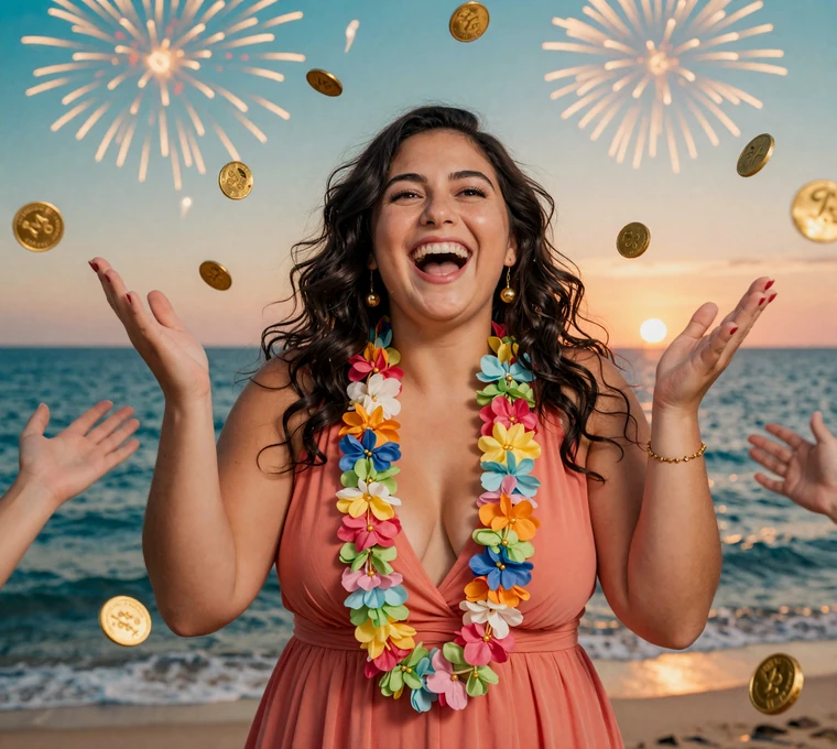 Model Nora feiert mit Girlanden und goldenem M&uuml;nzregen einen Freispiel-Gewinn mit Feuerwerk &uuml;ber dem Ozean bei OnlySpins