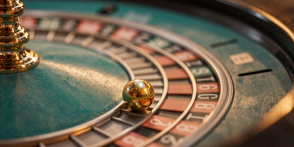 Drehendes Roulette-Rad auf t&uuml;rkisem Filz mit Korallenrand und goldener Kugel beim Roulette spielen im OnlySpins Casino