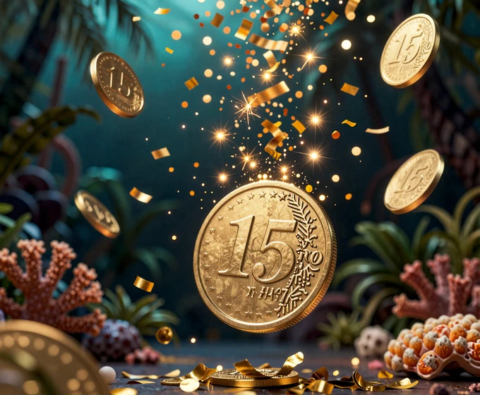 Goldene 15-Euro-M&uuml;nze mit Konfetti und Funken als Symbol f&uuml;r den 15 Euro Bonus ohne Einzahlung bei OnlySpins Casino