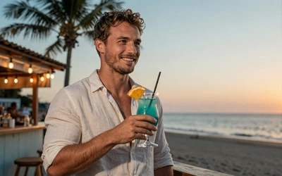 Spieler Jonas st&ouml;&szlig;t mit einem Cocktail an und feiert seinen Gewinn im OnlySpins Echtgeld Casino