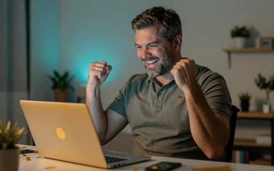Spieler Thomas jubelt am Laptop nach einem Jackpot im OnlySpins Online Casino Echtgeld