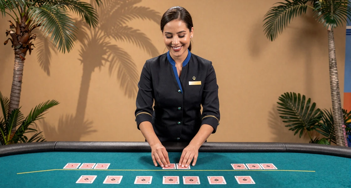 Freundliche Live-Blackjack-Dealerin teilt Karten in einem warm beleuchteten tropischen Studio des OnlySpins Casino aus