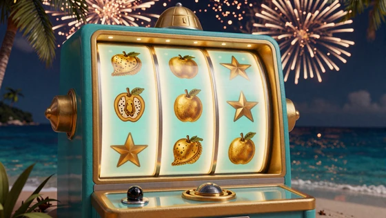 Leuchtende Slot-Walze mit Feuerwerk als Symbol f&uuml;r Freispiele ohne Einzahlung bei OnlySpins Casino
