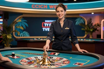 Live-Dealerin am neonbeleuchteten Roulette-Tisch im Live Roulette Studio des OnlySpins Casino