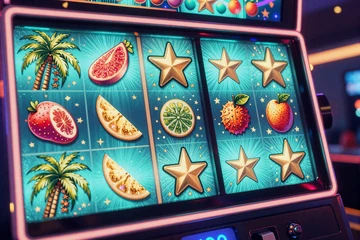 Leuchtende Neon-Slot-Walzen mit tropischen Symbolen f&uuml;r Echtgeld-Slots im OnlySpins Casino