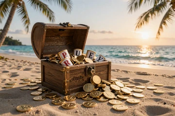 Schatztruhe mit goldenen M&uuml;nzen am Strand als Symbol f&uuml;r den Bonus ohne Einzahlung bei OnlySpins