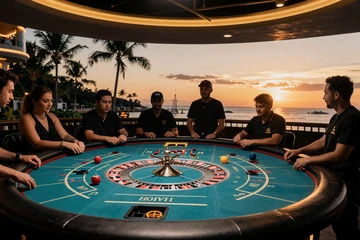 Weite Aufnahme eines Live-Roulette-Tischs mit Spieler-Silhouetten und Sunset-Kulisse im OnlySpins Casino