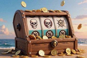 Pirate Treasure Slot mit Schatztruhe und Goldm&uuml;nzen als Piratenabenteuer bei OnlySpins