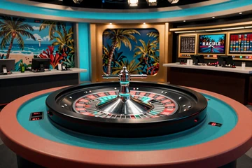 Live-Roulette-Studio mit t&uuml;rkiser Beleuchtung und gl&uuml;hendem Rad im OnlySpins Echtgeld Casino