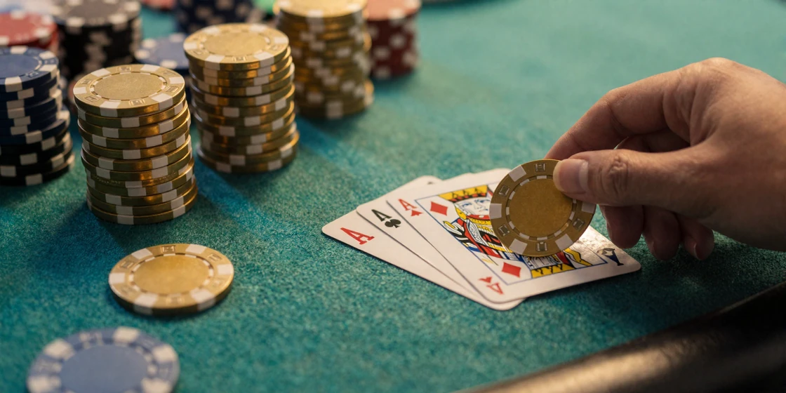Blackjack-Hand mit Ass und K&ouml;nig sowie goldenen Chips auf palmenbeschattetem Filz beim Black Jack online spielen im OnlySpins Casino