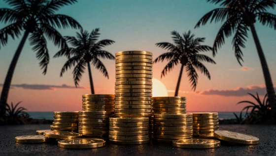 Gestapelte Goldm&uuml;nzen mit Palmensilhouette als Symbol f&uuml;r den Willkommensbonus bei OnlySpins Casino
