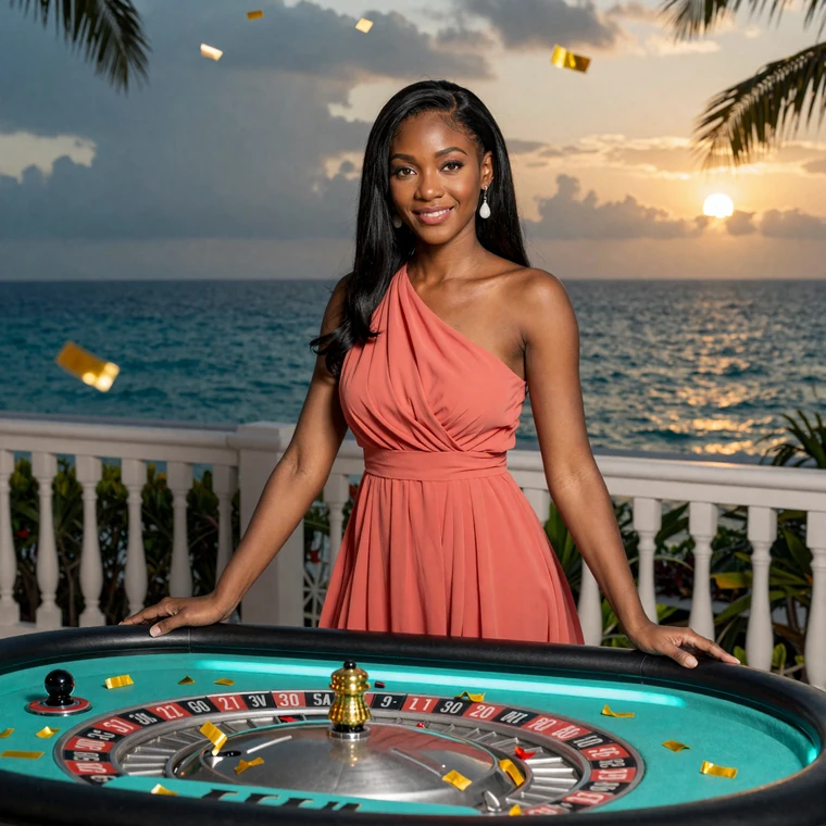 Model Amara im korallenfarbenen Abendkleid am t&uuml;rkis beleuchteten Roulette-Tisch auf einer Resort-Terrasse im OnlySpins Casino